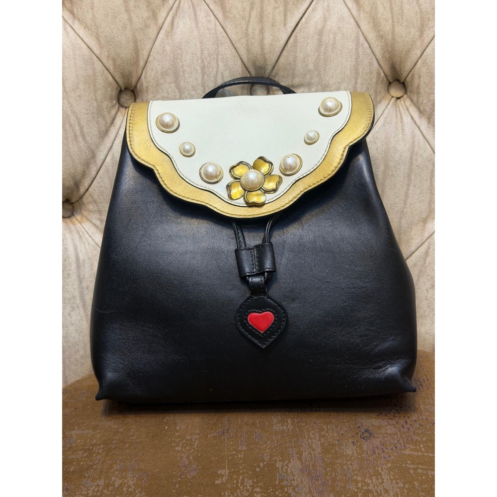 Gucci Peony Black Leather Scalloped Pearl Flower Backpack 432270 Gold Chain